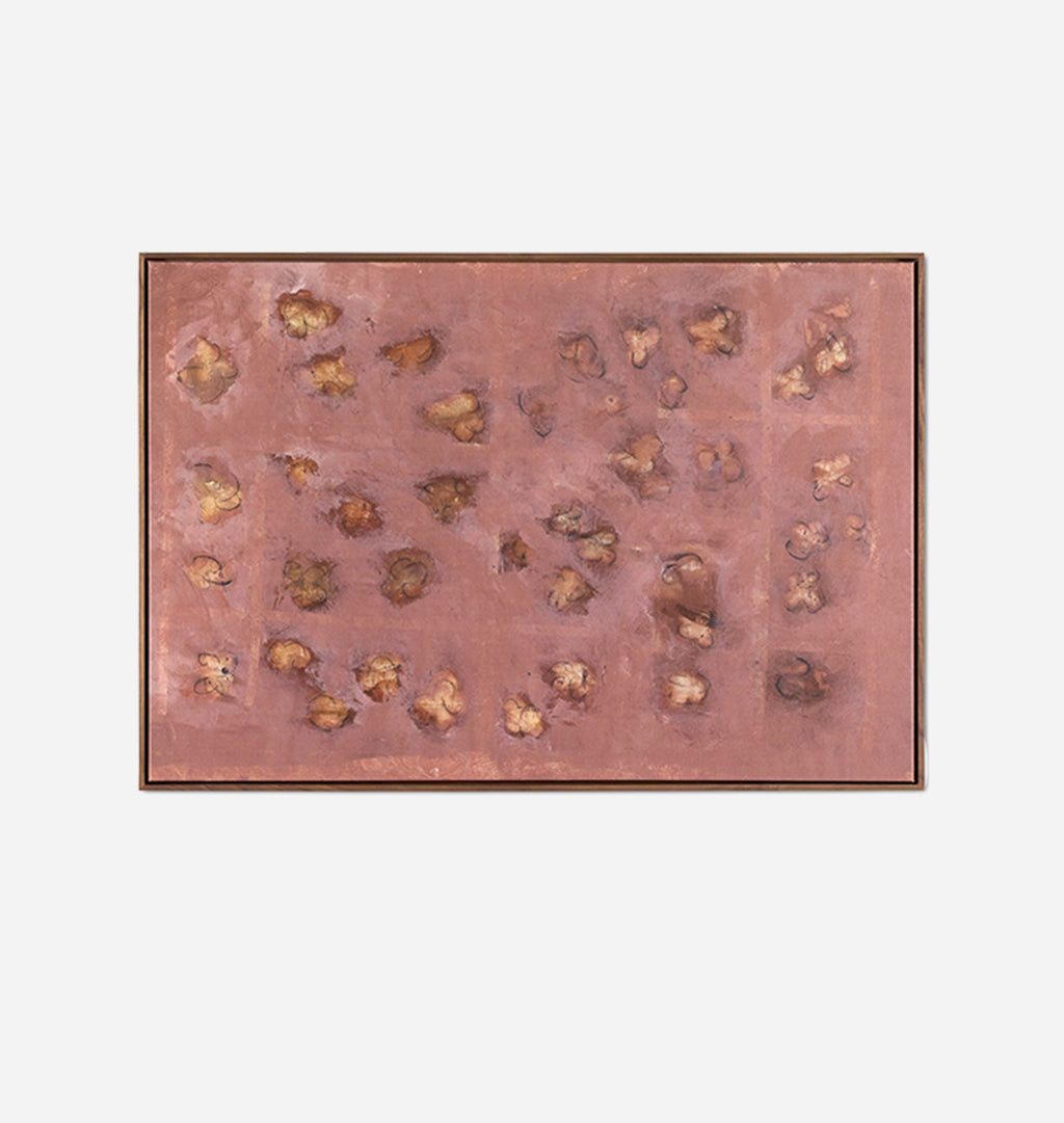 A large framed abstract painting with a dusty rose and brown floral pattern framed in a wood frame on a white background