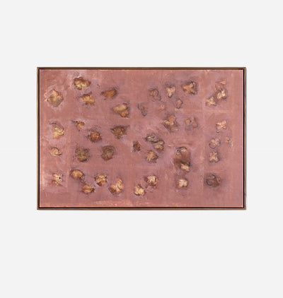 A large framed abstract painting with a dusty rose and brown floral pattern framed in a wood frame on a white background
