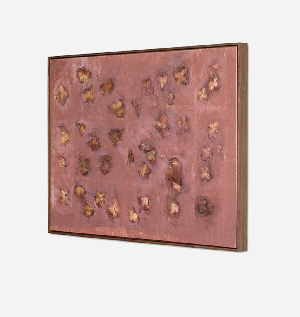 A large framed abstract painting with a dusty rose and brown floral pattern framed in a wood frame on a white background
