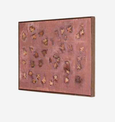 A large framed abstract painting with a dusty rose and brown floral pattern framed in a wood frame on a white background