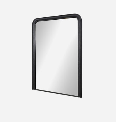 An oversized black aluminium floor mirror with curved corners and a thick frame set against a white background