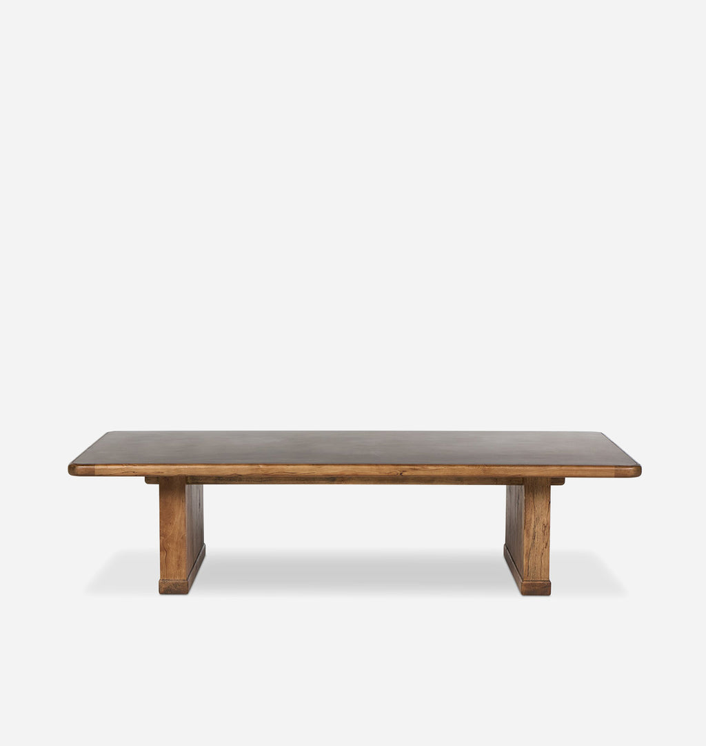 A rustic wooden low table with a dark brown top and weathered brown legs, shown against a plain light gray background.