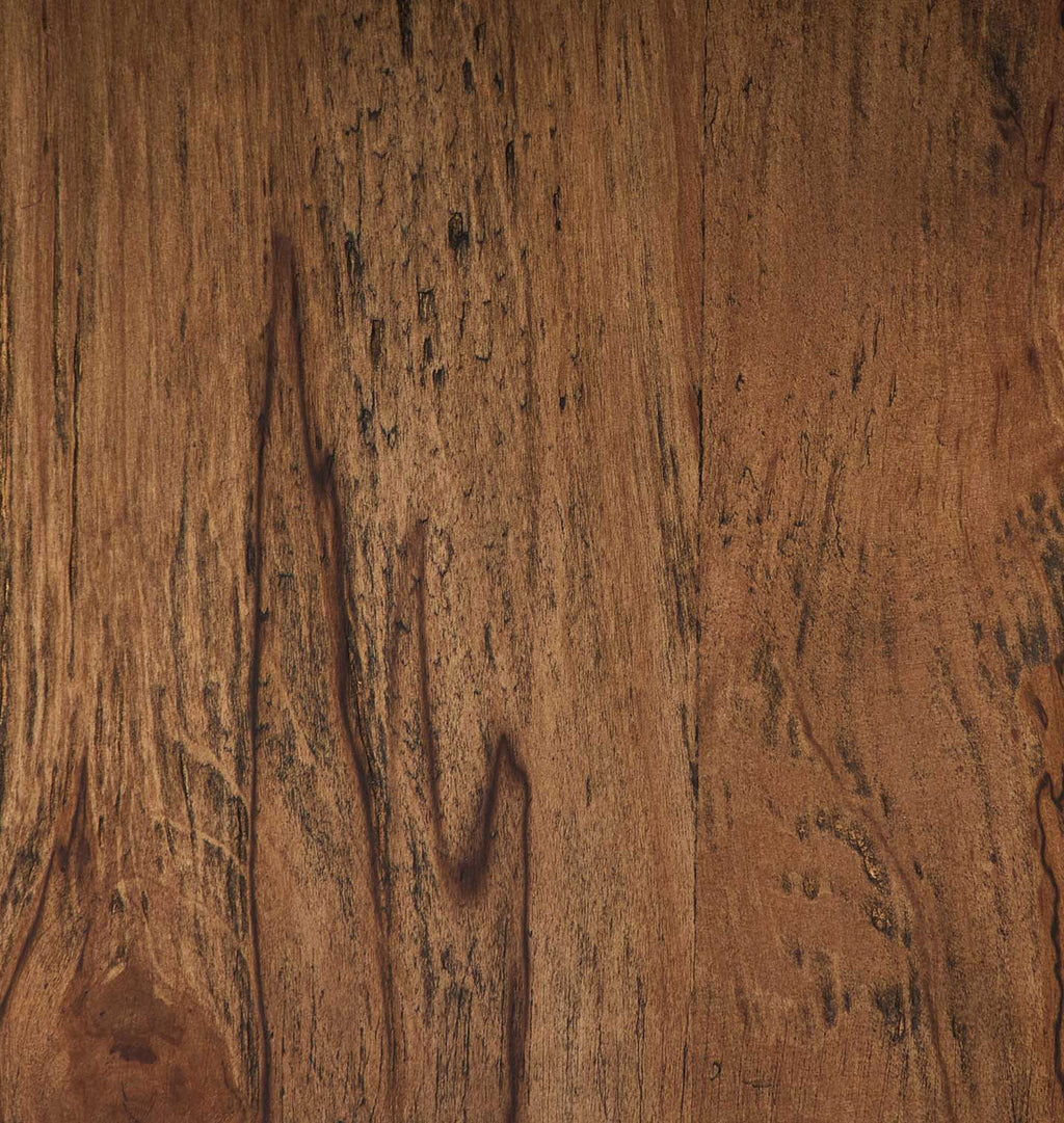 A close-up of a warm medium-brown wood grain surface with visible knots, streaks, and natural texture.