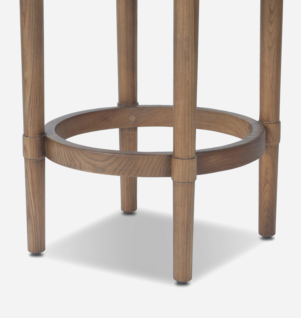 A close up detail of the base of a bar stool with wooden legs and a circle wooden crossbar.