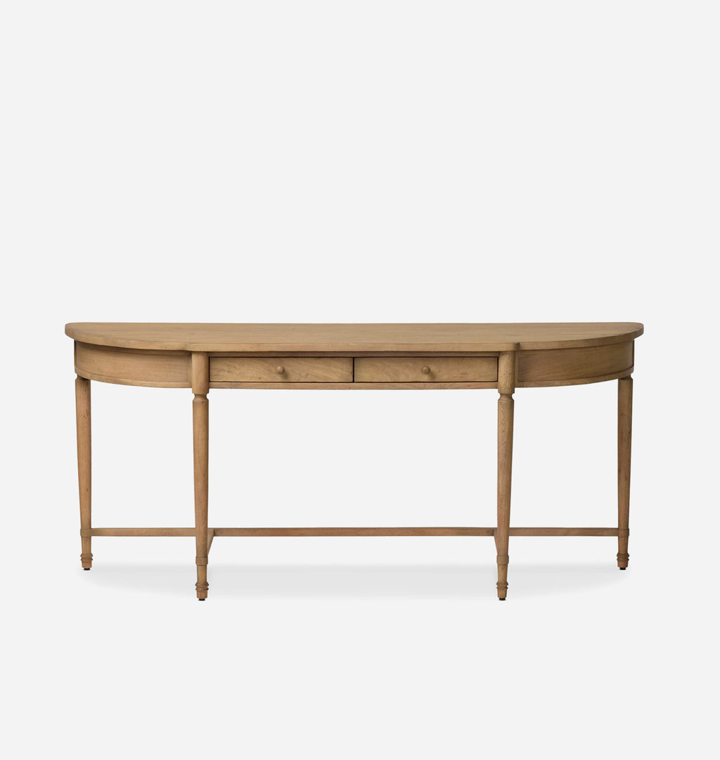 A light natural wood console table with a semicircular top, two drawers, and four turned legs, shown against a plain light gray background.