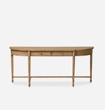 A light natural wood console table with a semicircular top, two drawers, and four turned legs, shown against a plain light gray background.