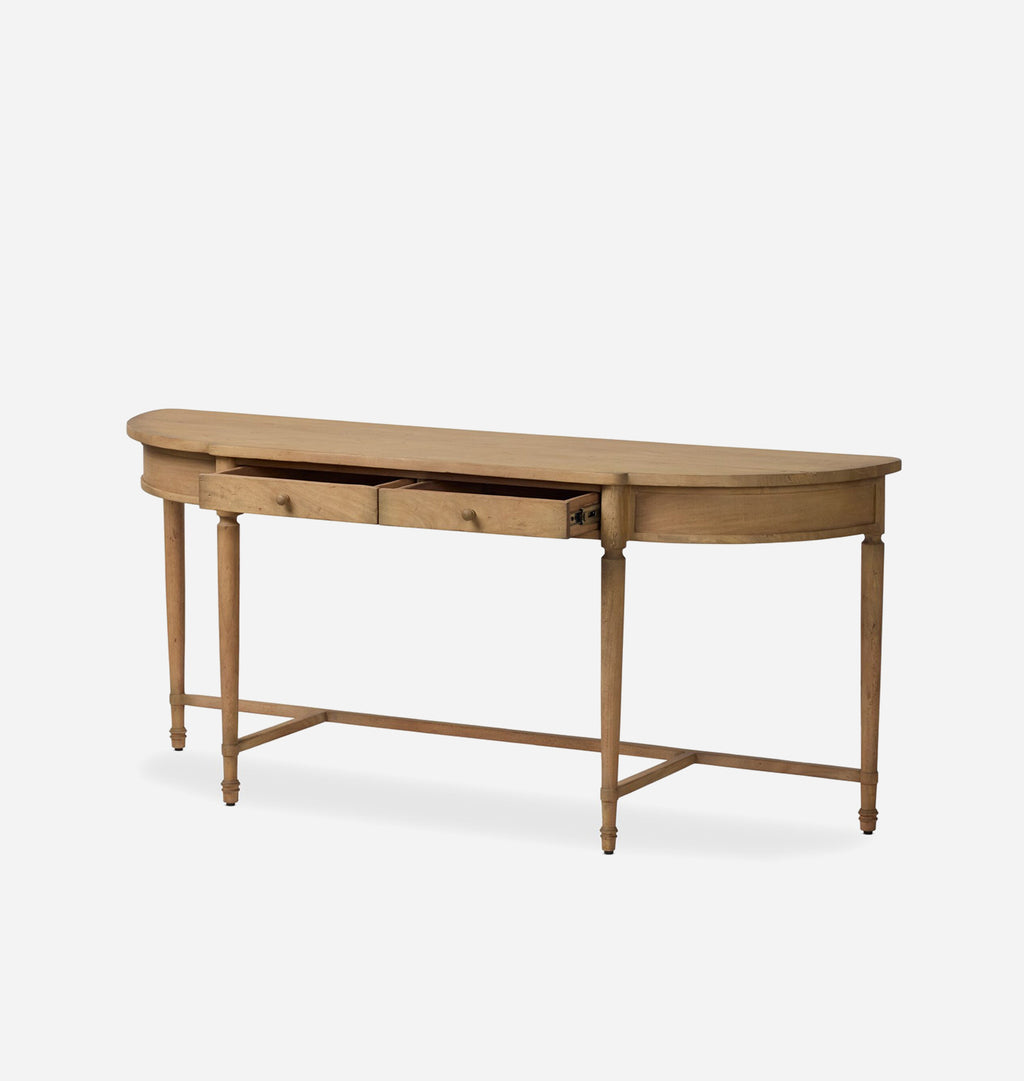 A light natural wood console table with a curved top, two drawers on the front, and four turned legs, shown against a plain light gray background.