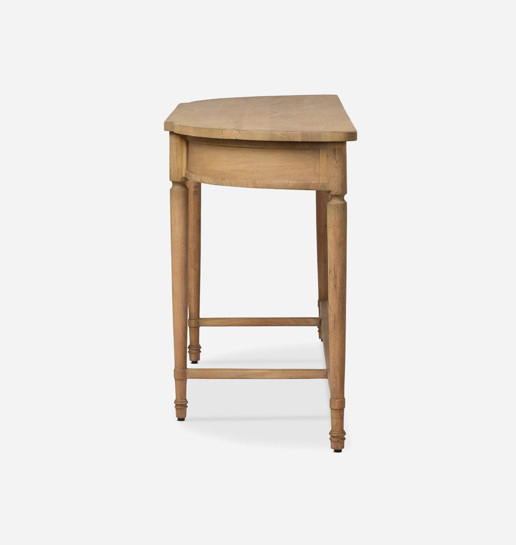 A light natural wood half-oval writing desk with turned legs and stretchers, shown from the front on a light gray background.