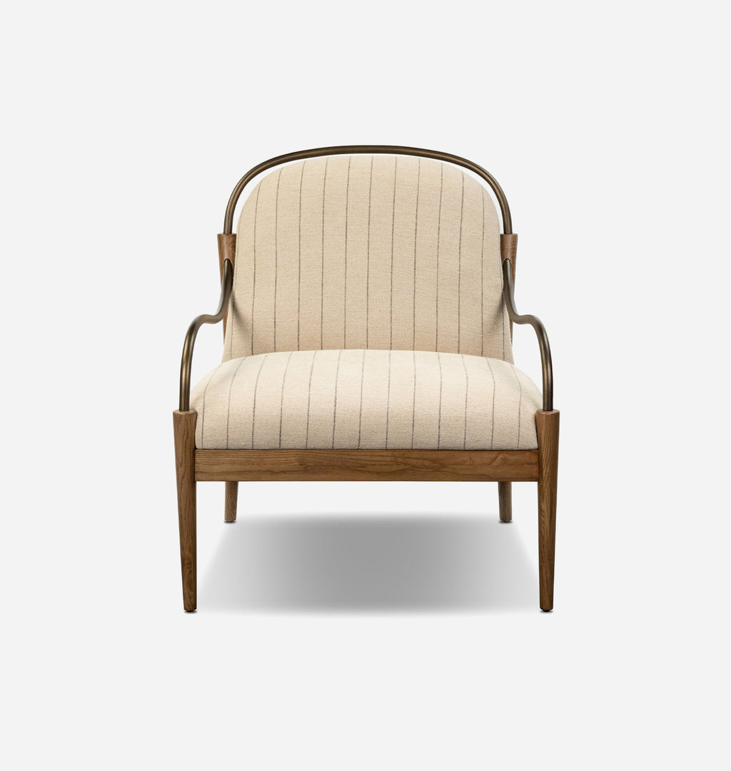 A mid-century modern accent chair featuring a curved wooden frame, a natural wood armrest, and cream-colored striped upholstery on the seat and backrest, set against a plain light gray background.
