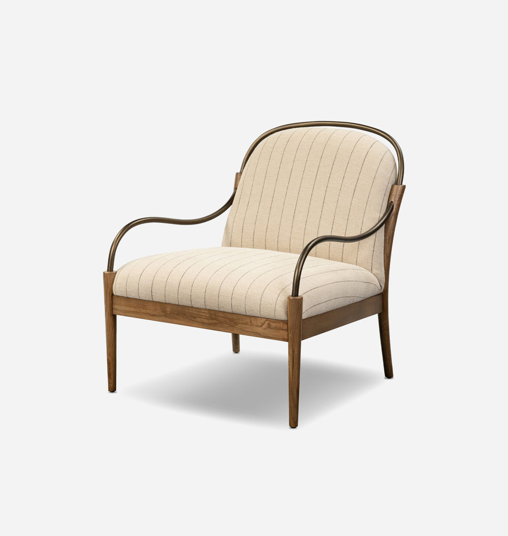 A modern accent chair with a curved wooden frame, cream-colored striped upholstery, and dark metal armrests, shown against a plain light gray background.