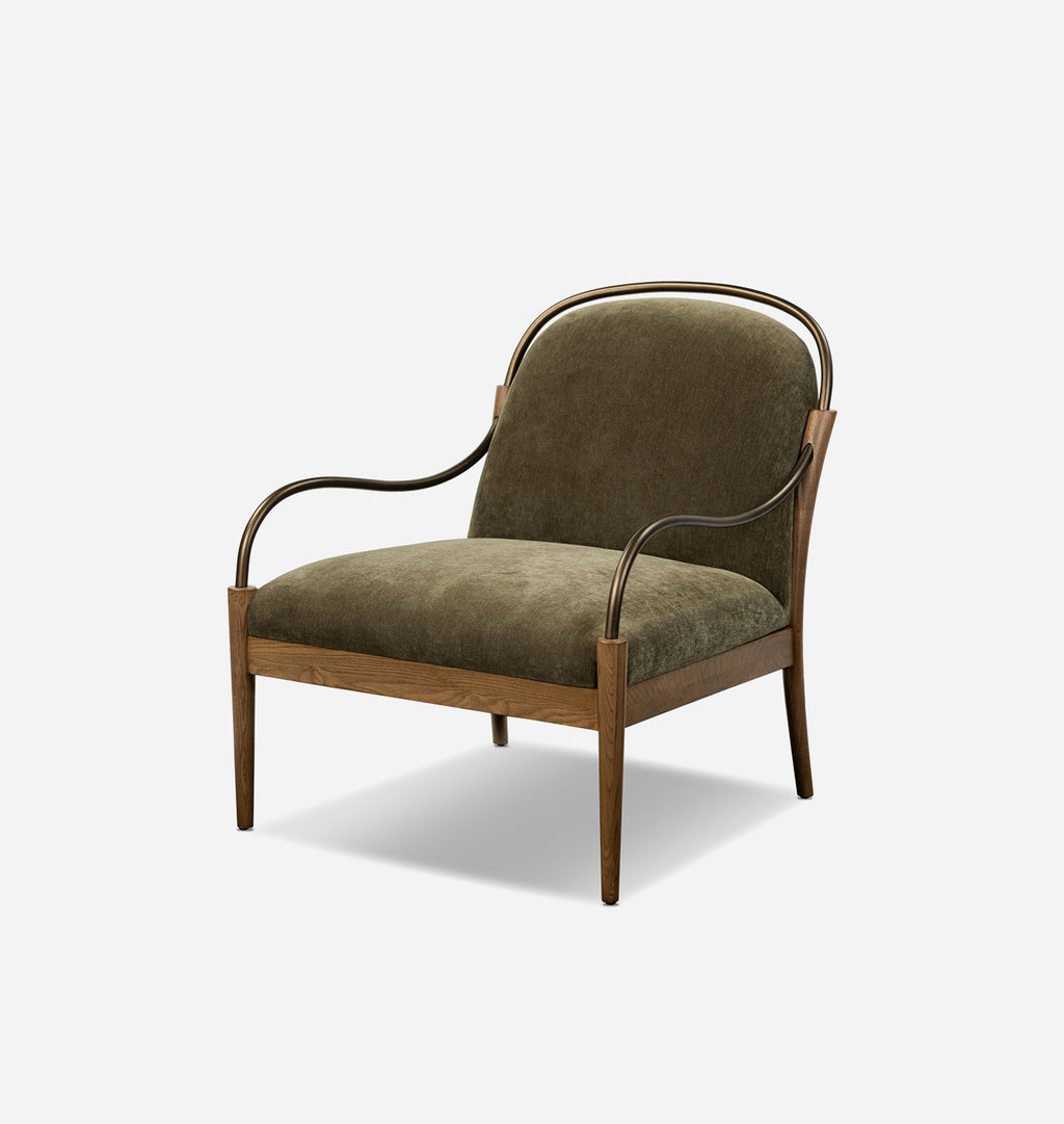 A mid-century modern accent chair featuring olive green velvet upholstery and a curved bronze metal frame, shown against a plain light gray background.