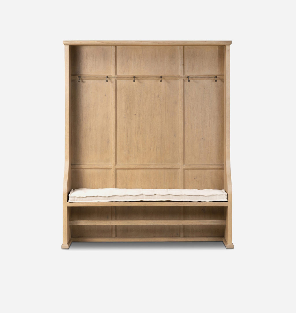 A light natural wood entryway bench with a padded cream cushion, featuring a coat rack with hooks on the back panel and open storage shelves at the bottom, shown against a plain light gray background.