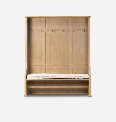 A light natural wood entryway bench with a padded cream cushion, featuring a coat rack with hooks on the back panel and open storage shelves at the bottom, shown against a plain light gray background.