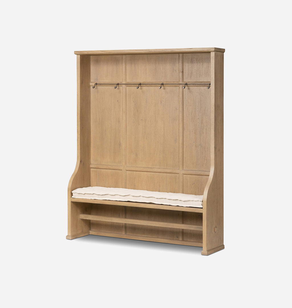 A light natural wood entryway hall tree with a built-in bench, five hanging hooks, and a cream-colored cushion, shown against a plain light gray background.