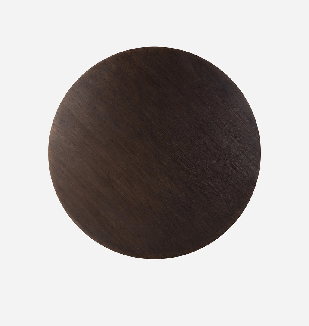 A round dark brown wooden table top shown from a top-down view against a plain white background.