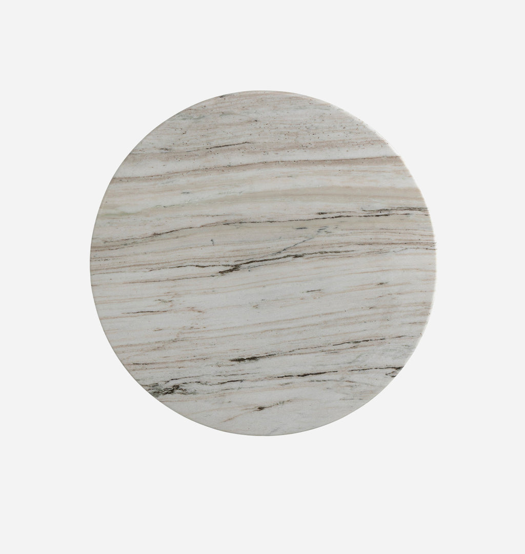 A circular marble-look table top with a light beige and off-white veined pattern, centered on a solid white background.