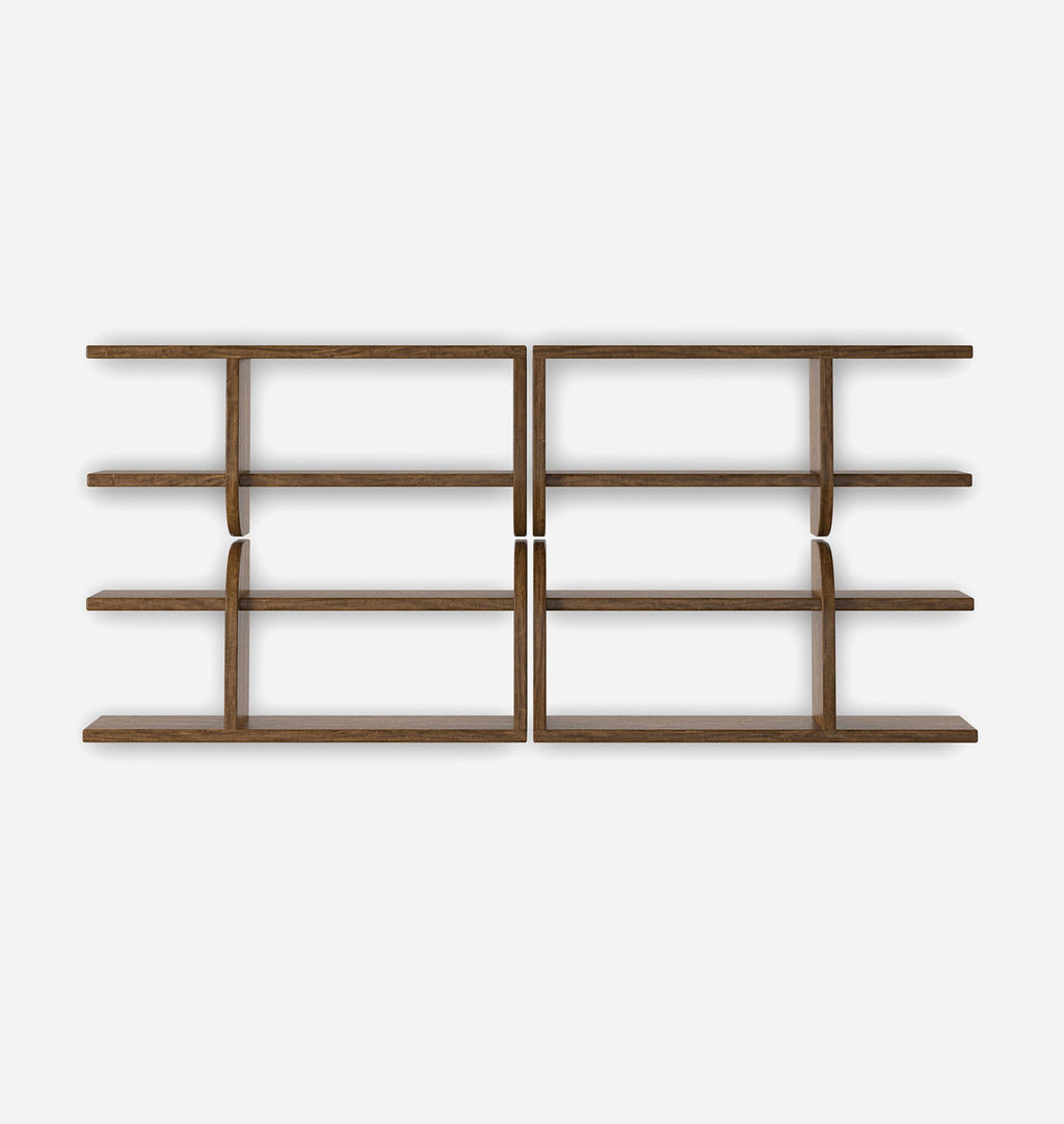 A set of wall-mounted wooden open shelving units with a minimalist grid design, shown against a plain light gray background.