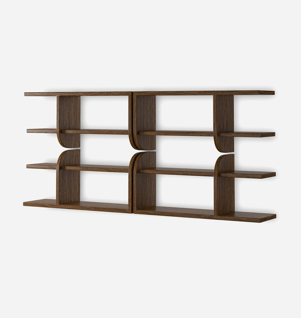 A set of four dark brown wooden floating shelves arranged in a grid against a plain light gray background.