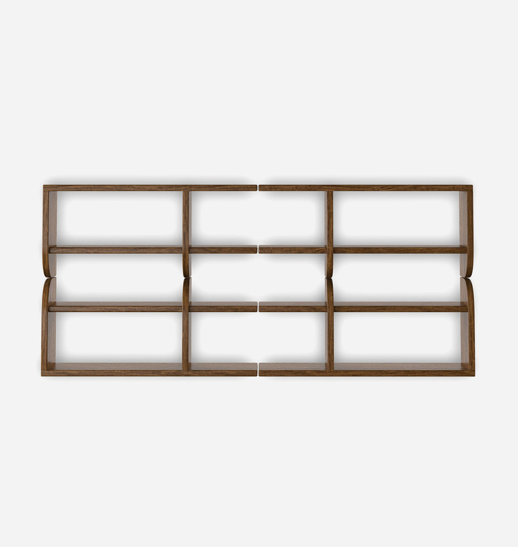 A wall-mounted wooden grid shelf with nine rectangular compartments, shown from a top-down perspective against a light gray background.