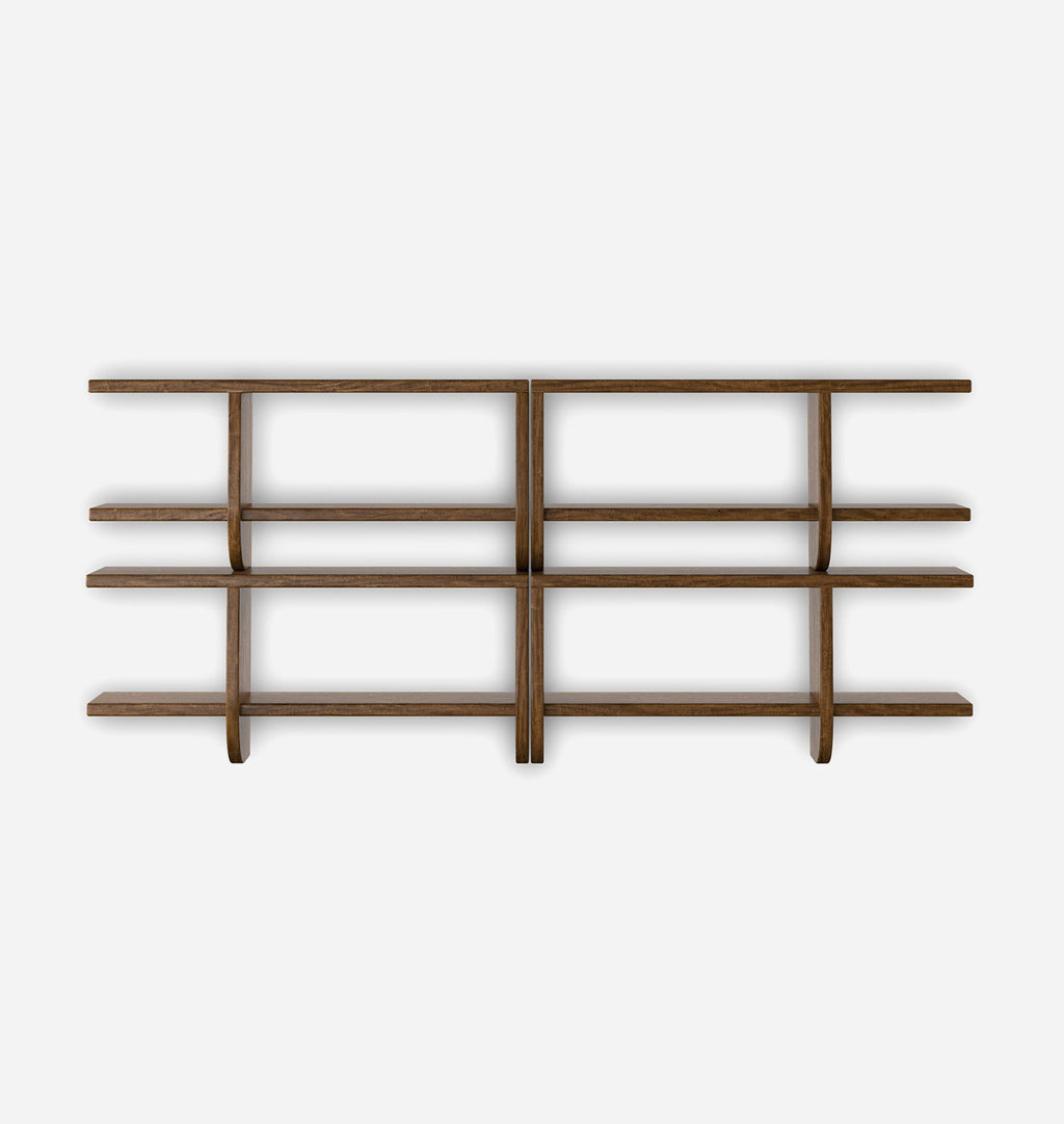 A wall-mounted wooden shelving unit with a minimalist grid design, featuring four  shelves with vertical dividers in a medium brown finish against a light gray background.