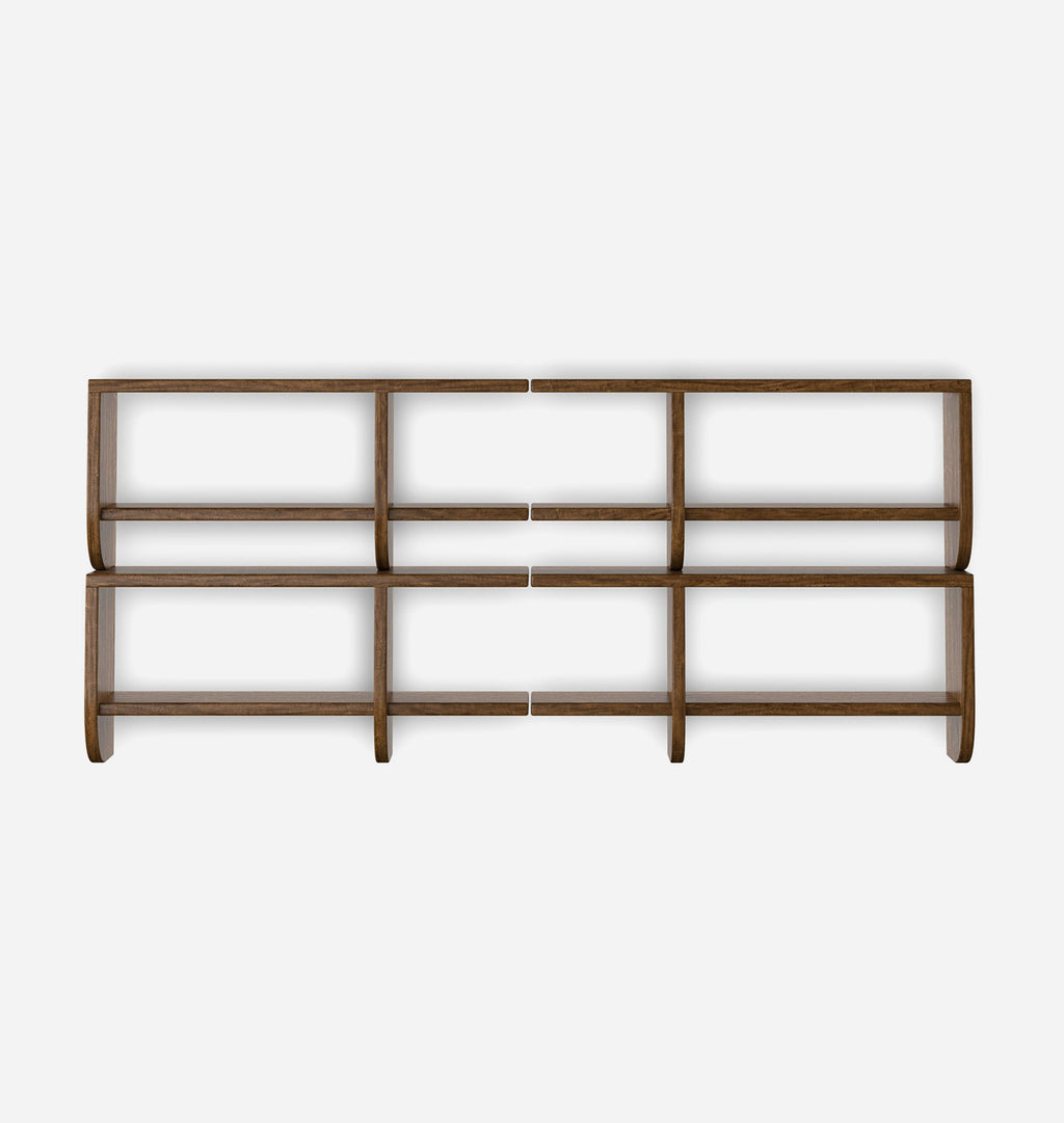 A modern wall-mounted wooden shelving unit with a dark brown finish, featuring open cubby compartments arranged in rows, shown against a plain light gray background.