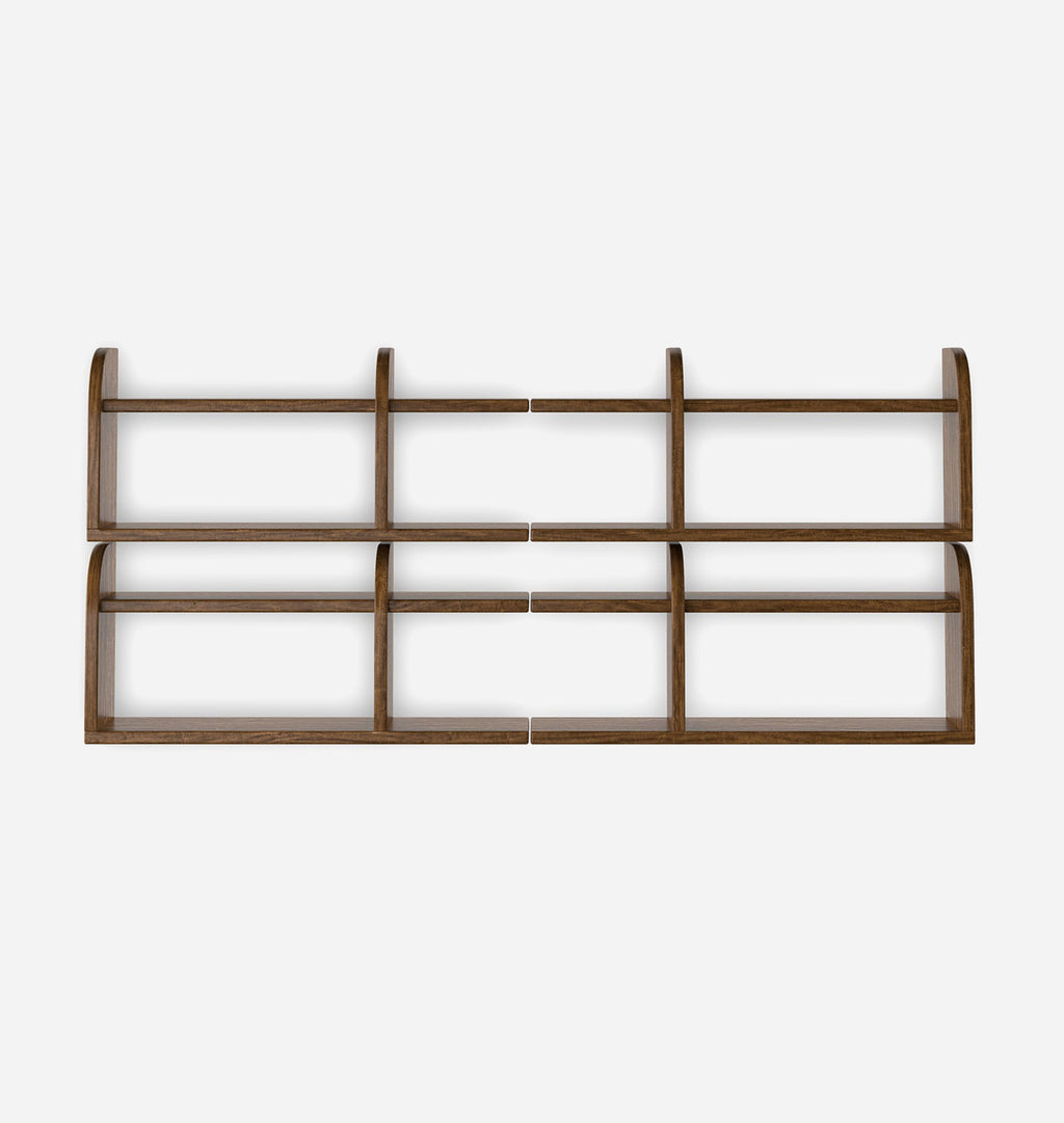 A wall-mounted wooden shelving unit with a dark brown finish, featuring a grid-like open cubby design, shown against a plain light gray background.