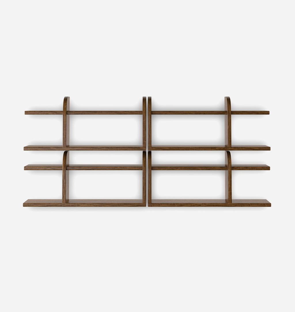 A set of modern wall-mounted wooden shelves with a minimalist grid design, shown against a plain light gray background.