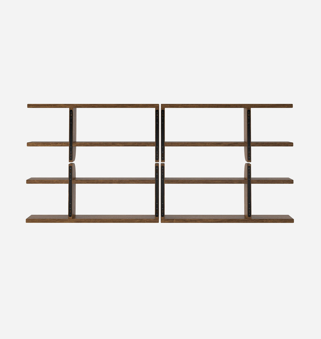 A set of modern floating bookshelves made of dark brown wood, featuring a minimalist grid design with horizontal shelves on each unit, set against a solid light gray background.