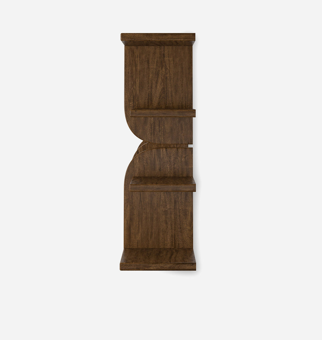 A tall, narrow wall-mounted wooden shelf with three tiers and a curved, sculptural design, shown against a plain white background.