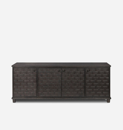 A dark brown wooden sideboard with three doors featuring a woven basket pattern, set against a plain light gray background.