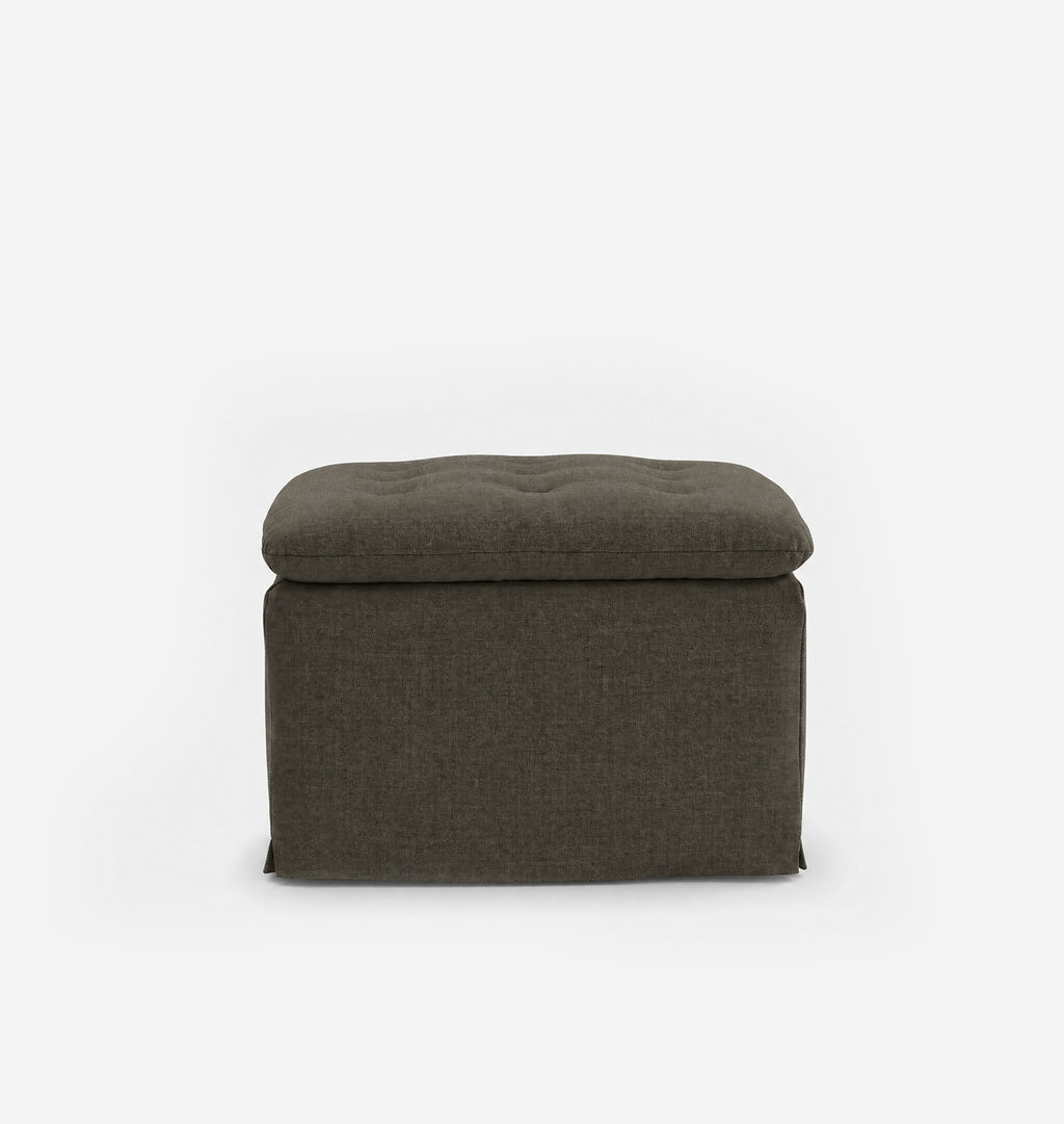 A dark olive green upholstered ottoman with a tufted top, shown from the front against a plain white background.