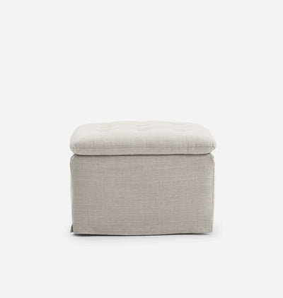 A square upholstered ottoman with a tufted cushioned top and a textured fabric body, shown against a plain white background.