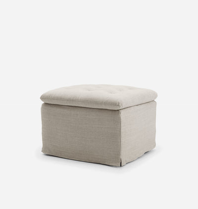 A square upholstered ottoman with a tufted top, shown on a clean white background.