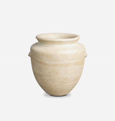 A small beige stone urn with a flared rim and two small side handles, photographed against a clean white background.
