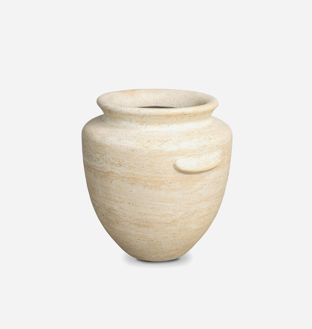 A small decorative stone urn or planter with a rounded body, flared rim, and a single side handle, shown on a clean light gray background.
