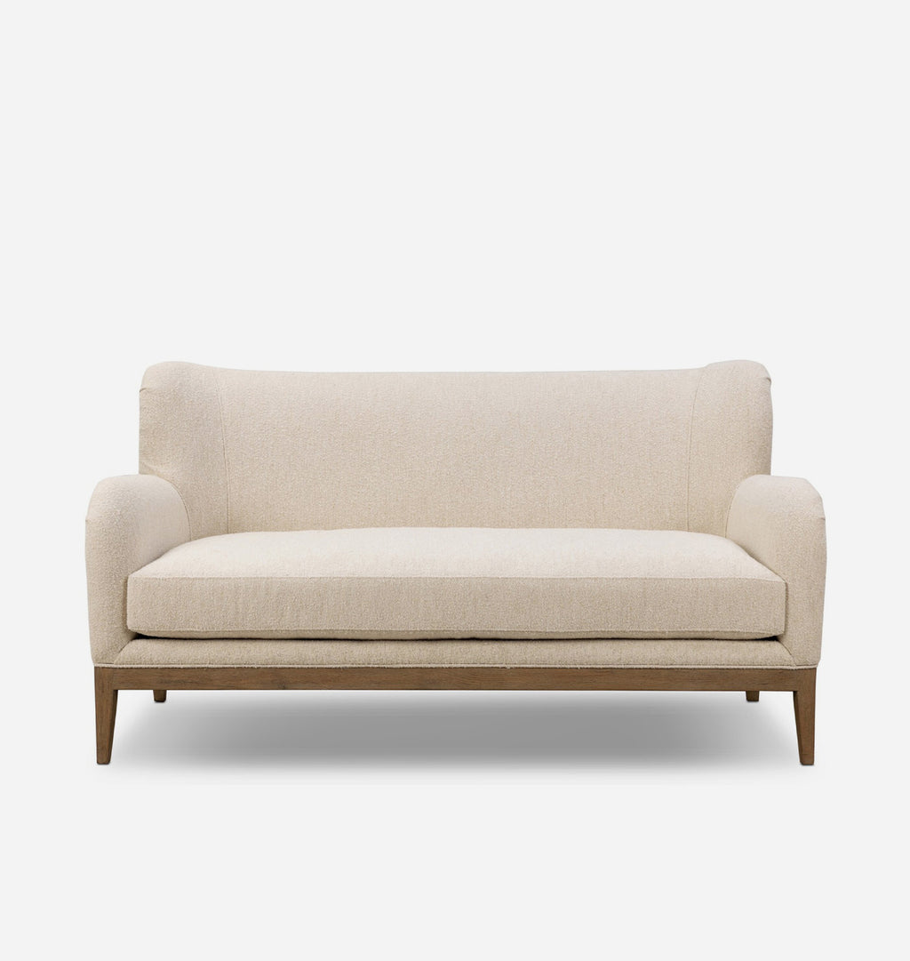 A modern two-seater loveseat sofa with a textured cream-beige fabric upholstery and a light natural wood frame, shown against a plain white background.