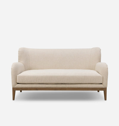 A modern two-seater loveseat sofa with a textured cream-beige fabric upholstery and a light natural wood frame, shown against a plain white background.