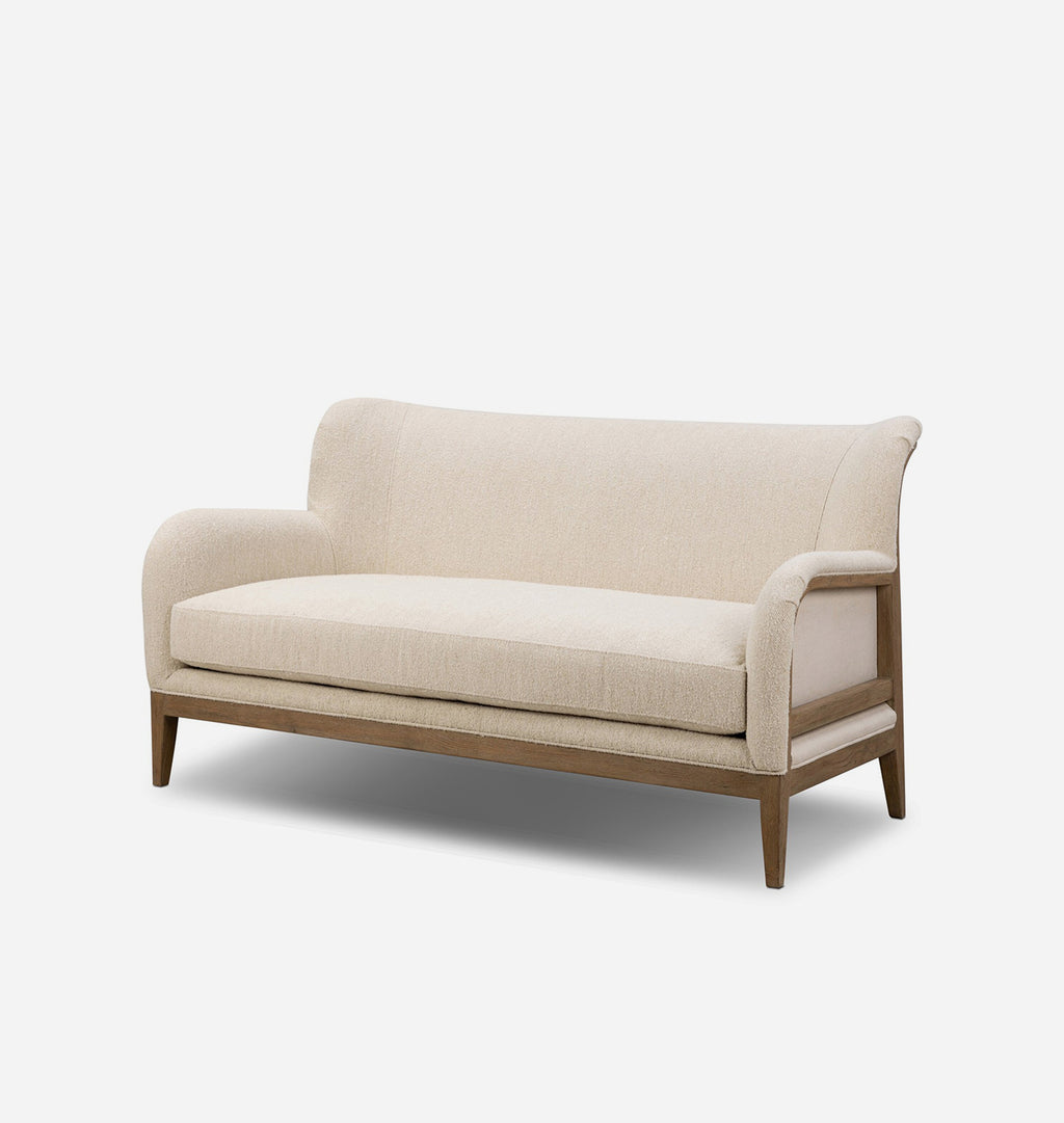 A modern two-seater loveseat sofa with a light beige textured fabric upholstery and a natural wood frame, shown on a clean white background.