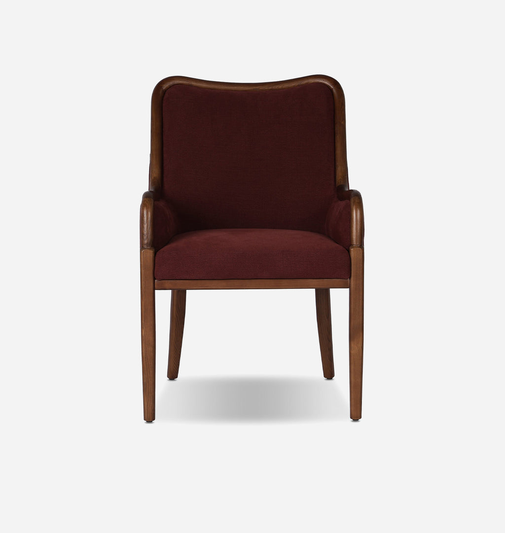 A classic wooden armchair with deep burgundy velvet upholstery, shown from the front against a light gray background.