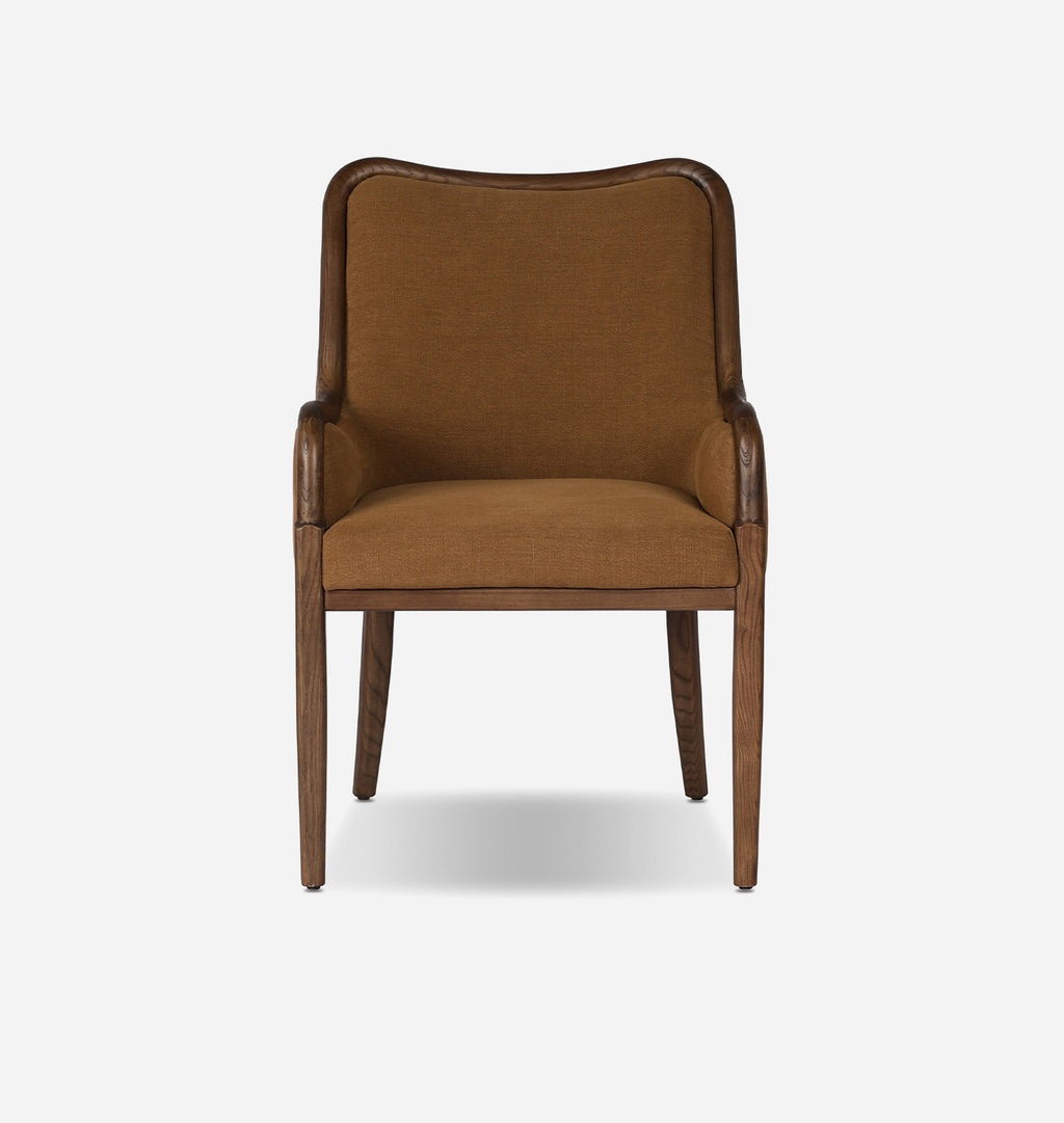 A classic armchair with a warm brown upholstered seat and backrest, supported by a dark brown wooden frame with tapered legs, shown against a plain light gray background.