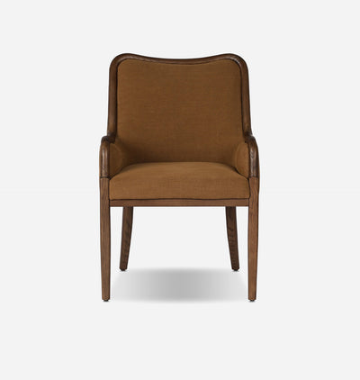 A classic armchair with a warm brown upholstered seat and backrest, supported by a dark brown wooden frame with tapered legs, shown against a plain light gray background.