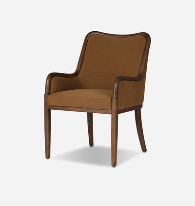 An elegant armchair with a warm brown upholstered seat and backrest, framed by dark brown wood arms and legs, shown against a plain light gray background.