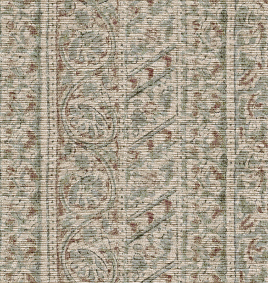 A close-up of Java Grasscloth wallpaper patterned with vertical bands of floral and scroll motifs in muted sage green, dusty rose, and warm beige.