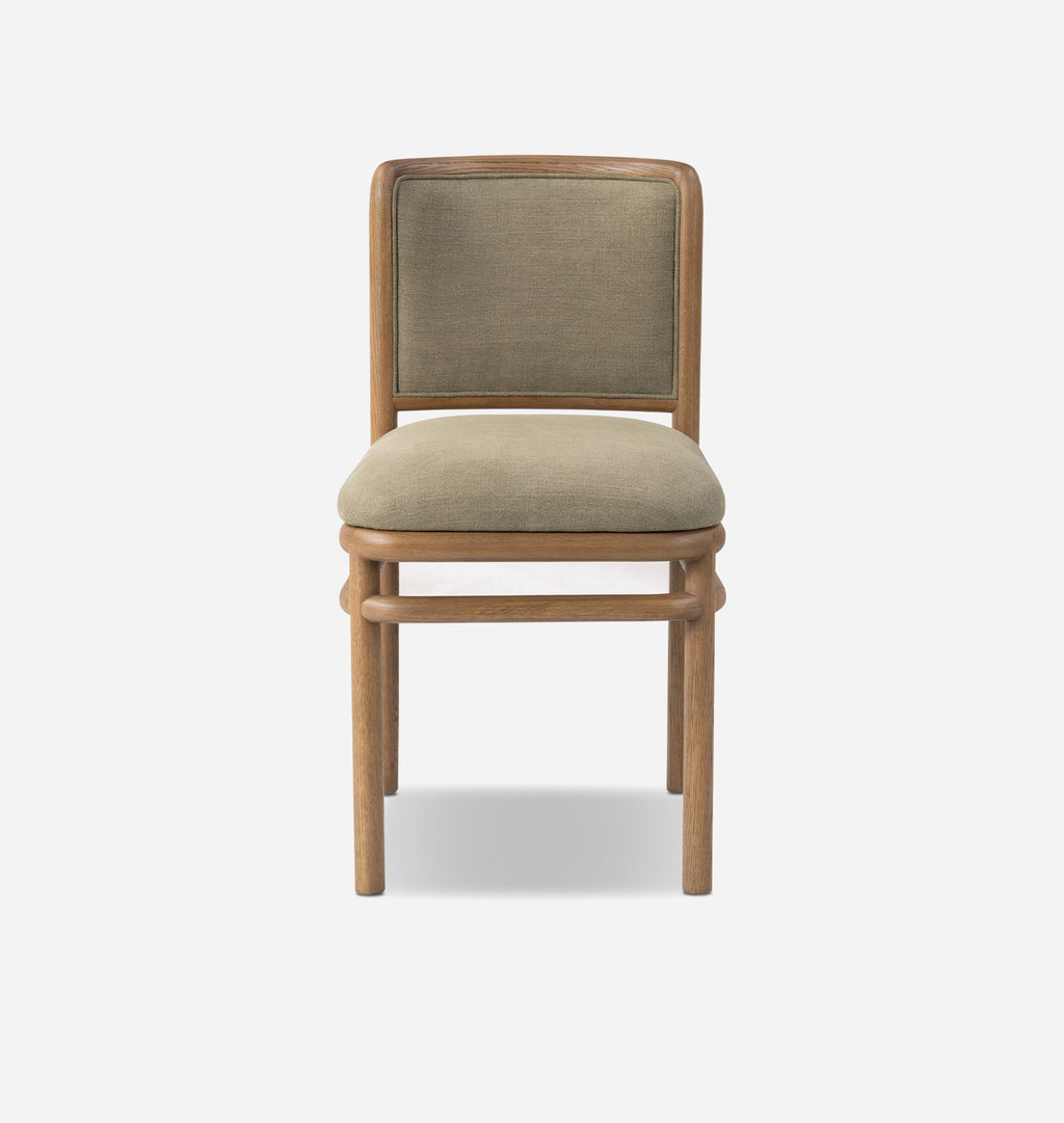 A modern dining chair with a light oak wood frame and textured sage green fabric upholstery on the seat and backrest, shown against a plain white background.