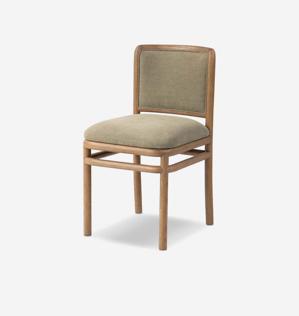 A modern wooden dining chair with a light beige upholstered seat and backrest, shown against a plain white background.