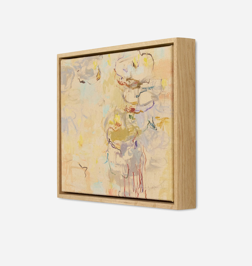 A square framed abstract painting with a light oak wood frame, shown at a three-quarter angle against a clean white background.