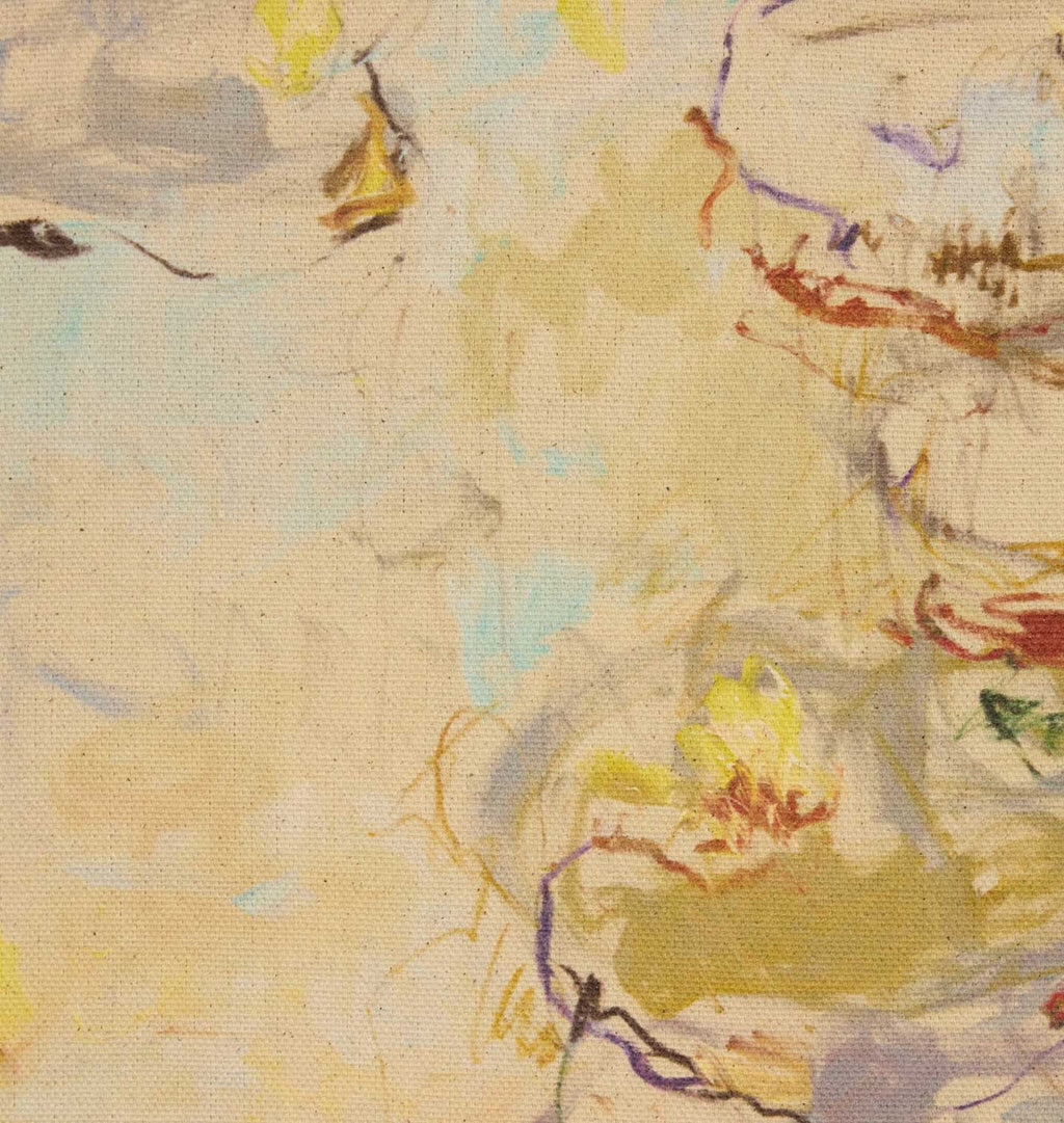 Close-up of an abstract painting on textured canvas, featuring soft beige, cream, yellow, and light blue brushstrokes with small touches of purple, red, and green.