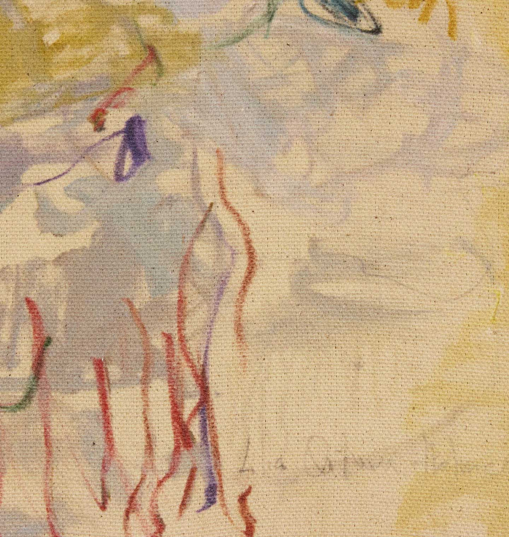 Close-up of an abstract painting on textured canvas, featuring soft yellow, blue-gray, and beige washes with red and purple scribbled lines.