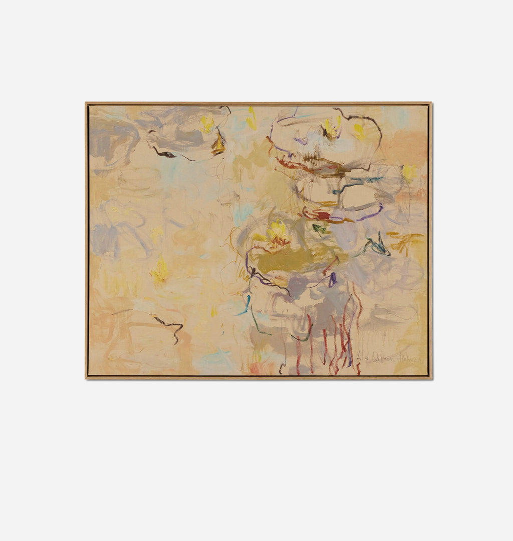 An abstract framed painting featuring textured brushstrokes in beige, cream, gray, and soft yellow, with subtle hints of blue and red. The artwork is presented in a thin brown frame against a clean white background.