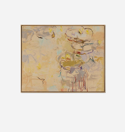 An abstract framed painting featuring textured brushstrokes in beige, cream, gray, and soft yellow, with subtle hints of blue and red. The artwork is presented in a thin brown frame against a clean white background.